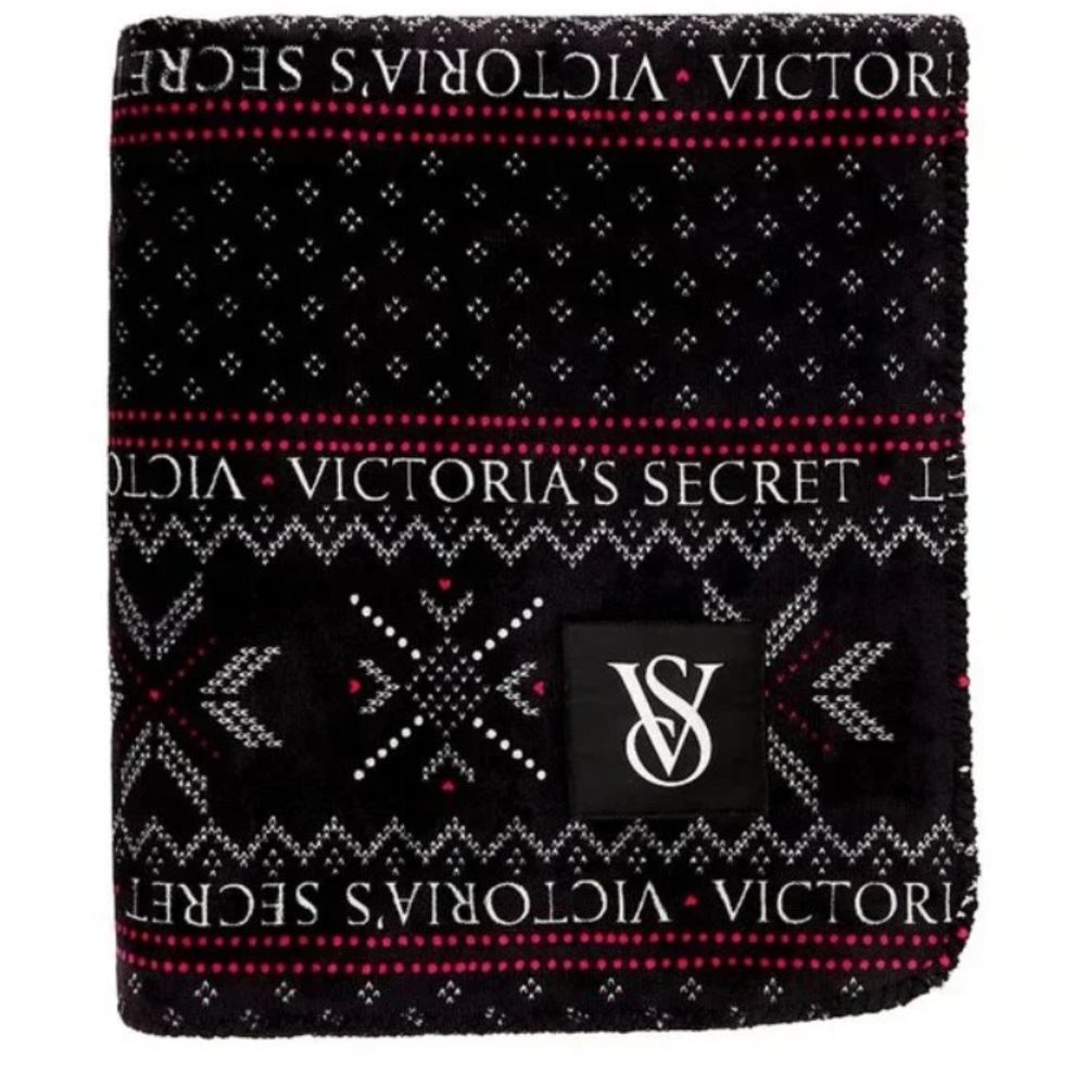 Victorias Secret Plush Sherpa Cozy Fleece Throw Blanket Black Fair Isle